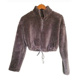 Hyfve Crop Drawstring Waist Teddy Jacket Gray Womens S - 1/2 Zipper; Super Soft!